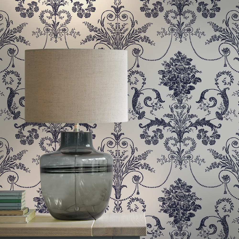 Josette Damask Wallpaper 113387 by Laura Ashley in Off White Midnight